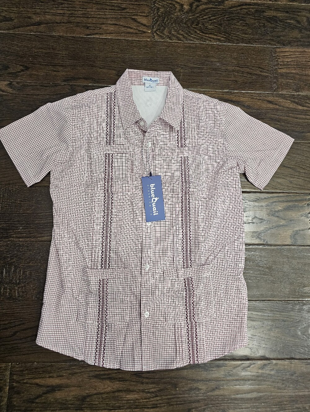 Blue Quail Guayabera, Maroon And White, Size 10, New, UPF 50 Fabric,
